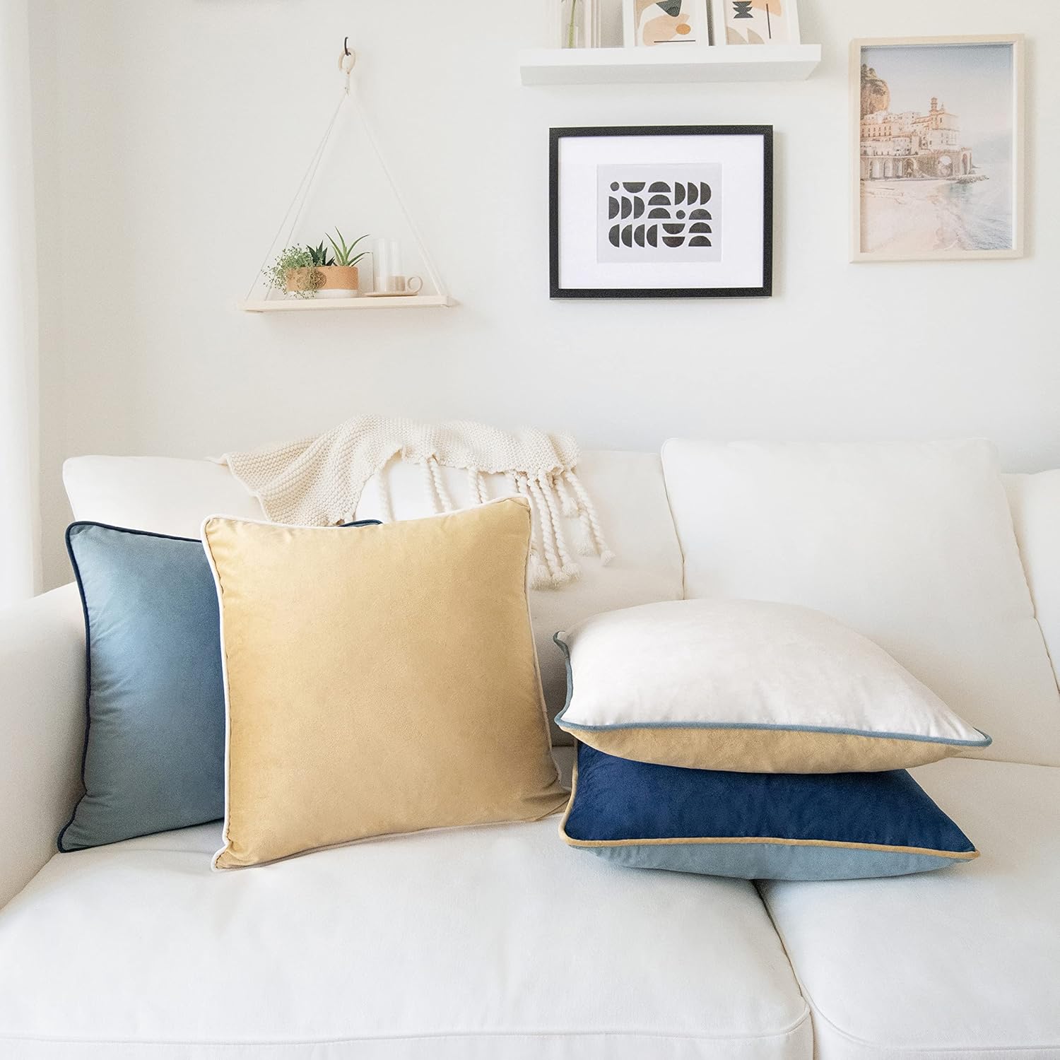 MONDAY MOOSE Decorative Throw Pillow Covers Cushion Cases, Set of 4 Soft Velvet Modern Double-Sided Designs, Mix and Match for Home Decor, Pillow Inserts Not Included (18x18 inch, Blue/Beige)