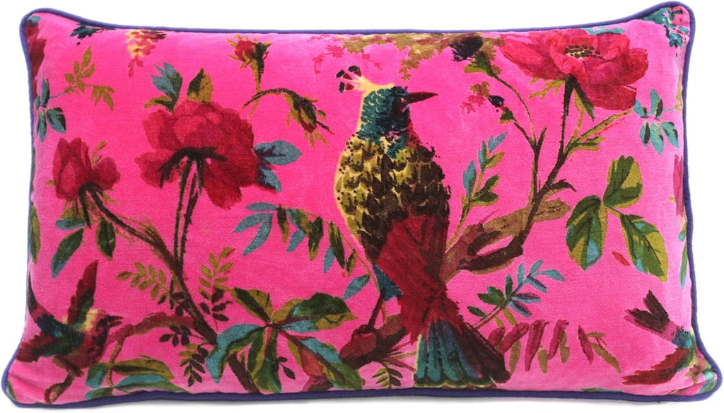 Eyes of India Velvet Floral Flower Bird Throw Pillow Sofa Cushion Cover Case Couch Colorful Boho Chic Bohemian Accent Indian Handmade (Pink, 20" x 12")