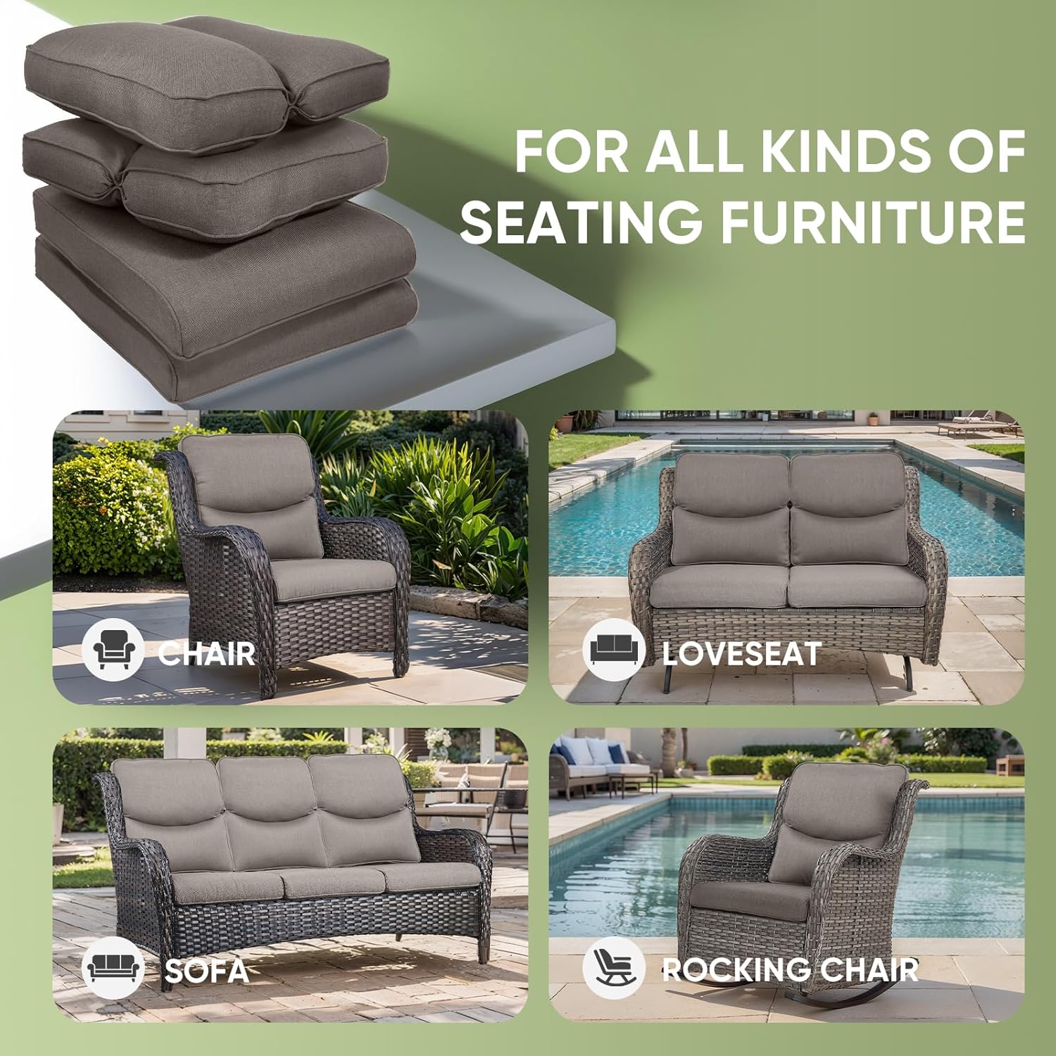 Outdoor Chair Cushion Set of 3, Waterproof Outdoor Seat Cushions 25x22, Patio Chair Cushions for Outdoor Furniture, Couch Cushion Replacement, Include 3 Back & 3 Seat Cushions, Smile/Grey