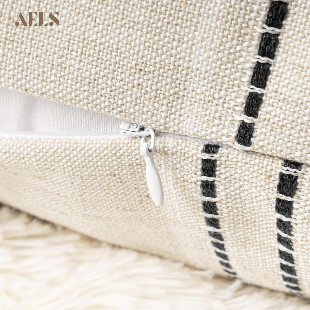 AELS 14x36 Decorative Lumbar Throw Pillow Covers, Farmhouse Linen Textured Long Pillow Case, Beige with White & Black Stitch Boho Cushion Cover for Couch Living Room (Cover ONLY)