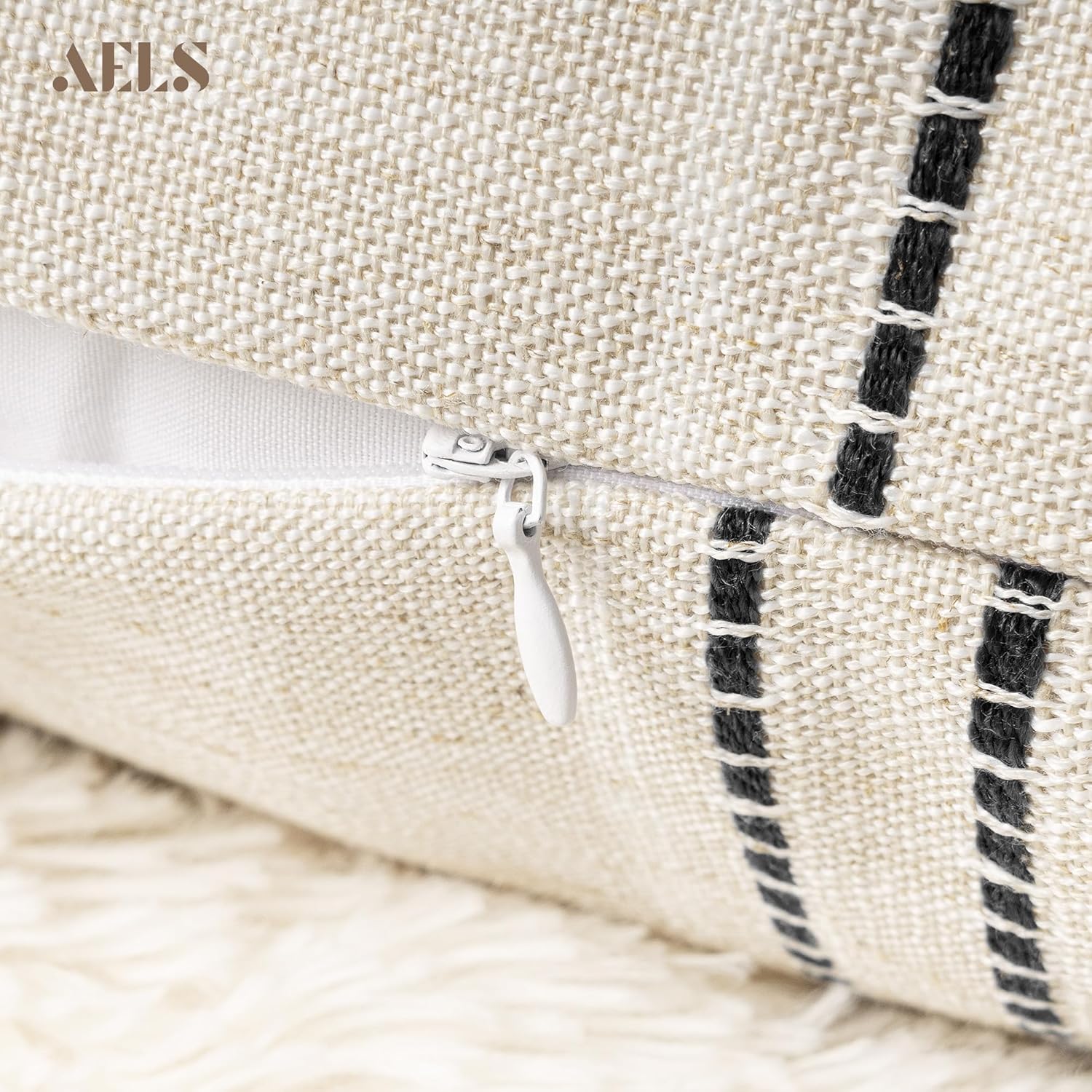 AELS 14x36 Decorative Lumbar Throw Pillow Covers, Farmhouse Linen Textured Long Pillow Case, Beige with White & Black Stitch Boho Cushion Cover for Couch Living Room (Cover ONLY)