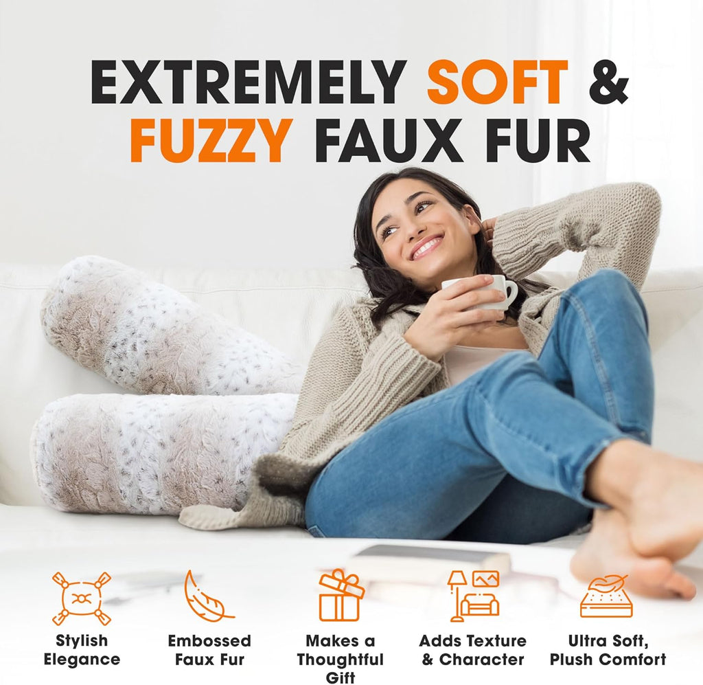 Cheer Collection Faux Fur Bolster Pillows – Soft Decorative Cylinder Pillows for Bed or Couch, Machine Washable – 8” x 24”, Set of 2, Snow Leopard