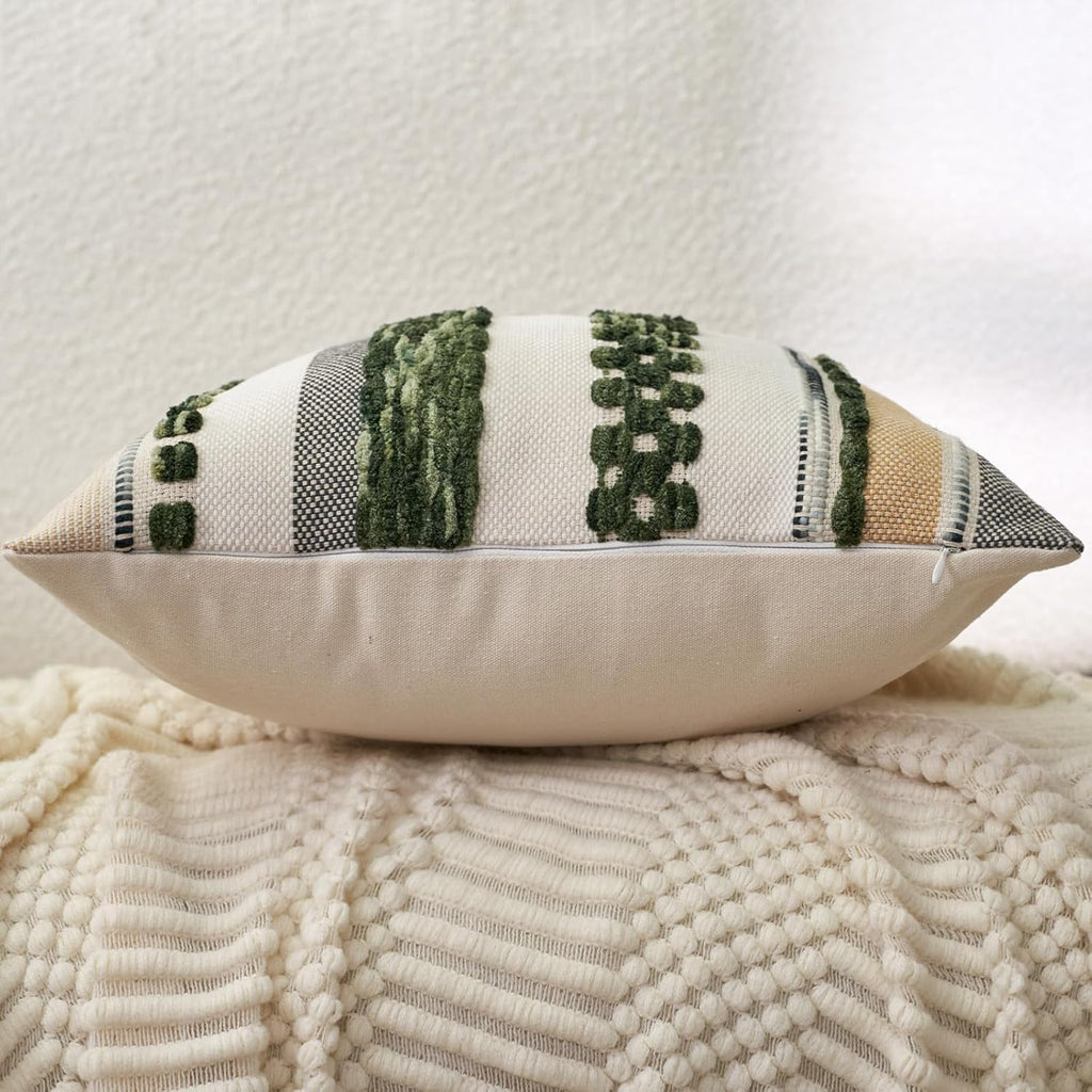 Aeckself Boho Throw Pillow Covers 18x18 Inch Set of 2, Farmhouse Decorative Striped Square Pillow Covers Chenille Tufted Pillow Cases Accent Neutral Pillowcase for Living Room Couch Bed, Dark Green