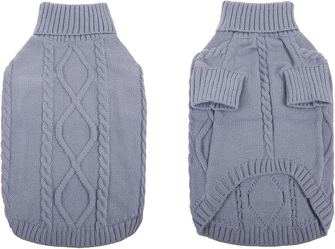 Queenmore Small Dog Pullover Sweater, Cold Weather Cable Knitwear, Classic Turtleneck Thick Warm Clothes for Chihuahua, Bulldog, Dachshund, Pug, Yorkie (Grey, X-Small)
