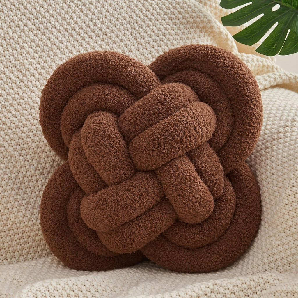 Xiashrk Knot Pillow Ball, 12" Soft Decorative Throw Pillows for Couch Bed, Dark Brown Knotted Plush Throw Pillow Handmade Square Cushion Home Couch Decor Pillows for Living Room