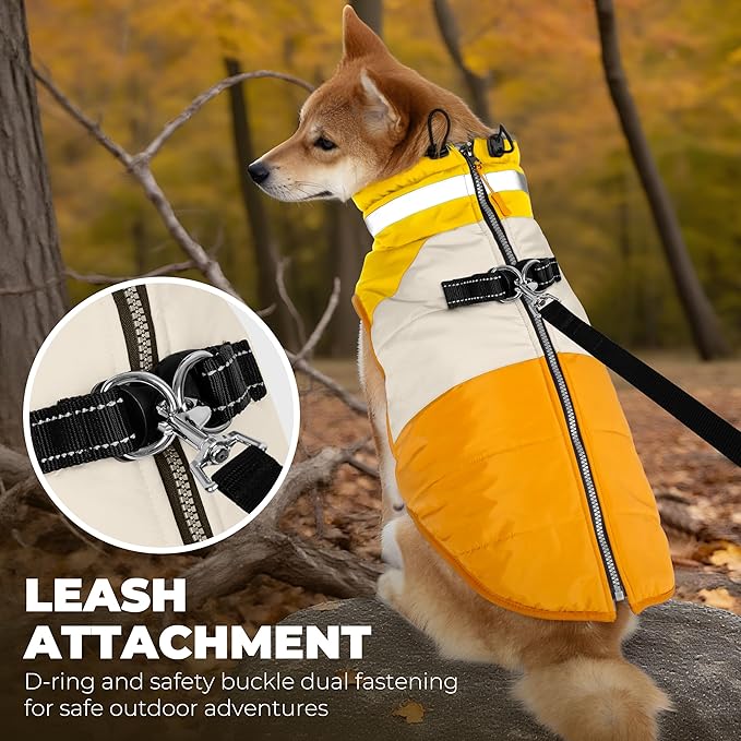 Dog Coat, Waterproof Dog Winter Coats for Small Dogs, Reflective Dogs Jacket with Harness Built in, Zip-up Cold Weather Coats Pet Vest Turtleneck Doggy Snowsuit, Orange Medium