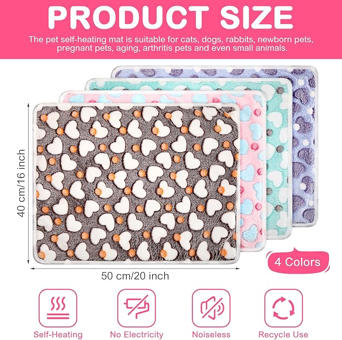4 Pack Self Heating Cat Bed Cat Self Warming Pad with Removable Cover Extra Warm Thermal Pet Pad Washable Pet Crate Mat Anti Slip Kennel for Indoor Outdoor Pets(Heart,16 x 20 Inches)