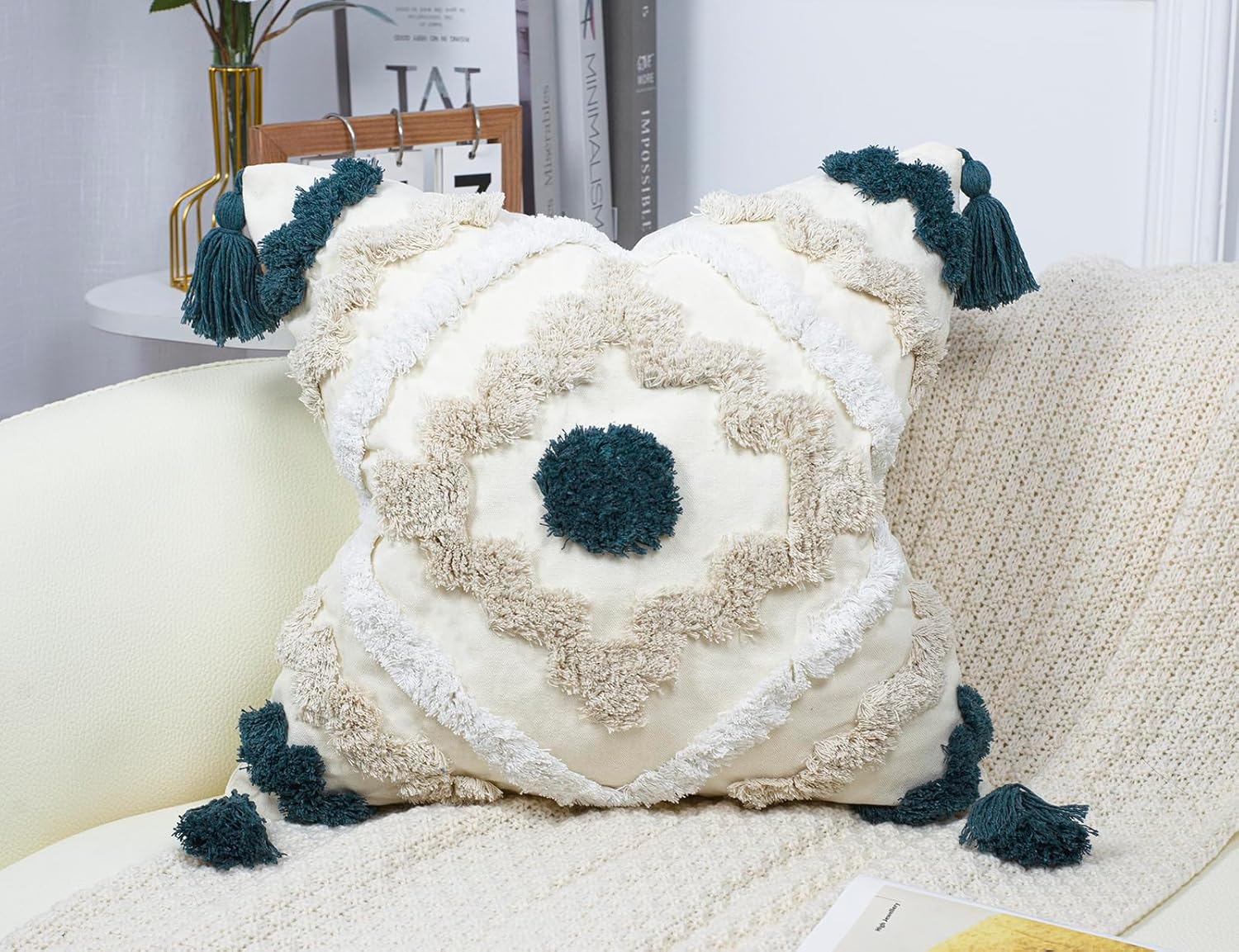 Decorative Farmhouse Throw Pillow Covers 20 x 20,Modern Neutral Couch Pillow Cover,Cotton Checked Pattern Boho Square Pillow Case Cover for Couch Bed Sofa Bedroom,Blue&Beige&White