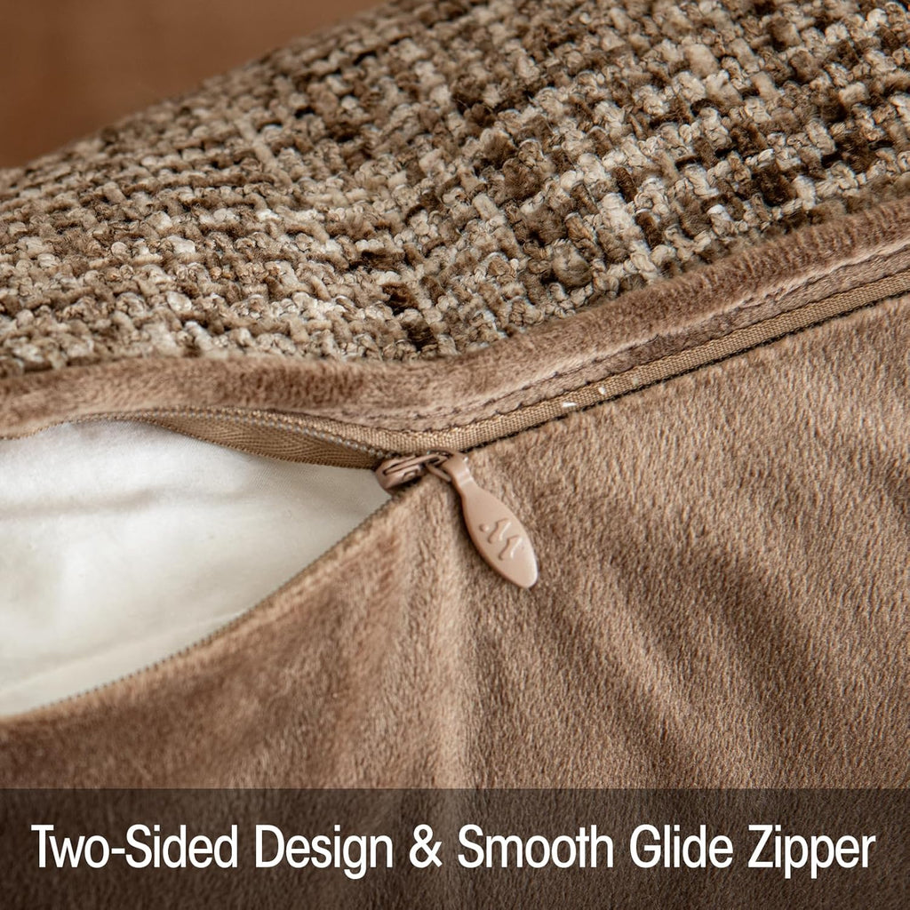 a moment Brown Reversible Pillow Covers 2 Pack - Farmhouse Chenille Throw Pillows, Neutral Textured Decorative Throw Pillow Covers with Border for Couch Sofa Bed (18x18 Inch, No Insert)