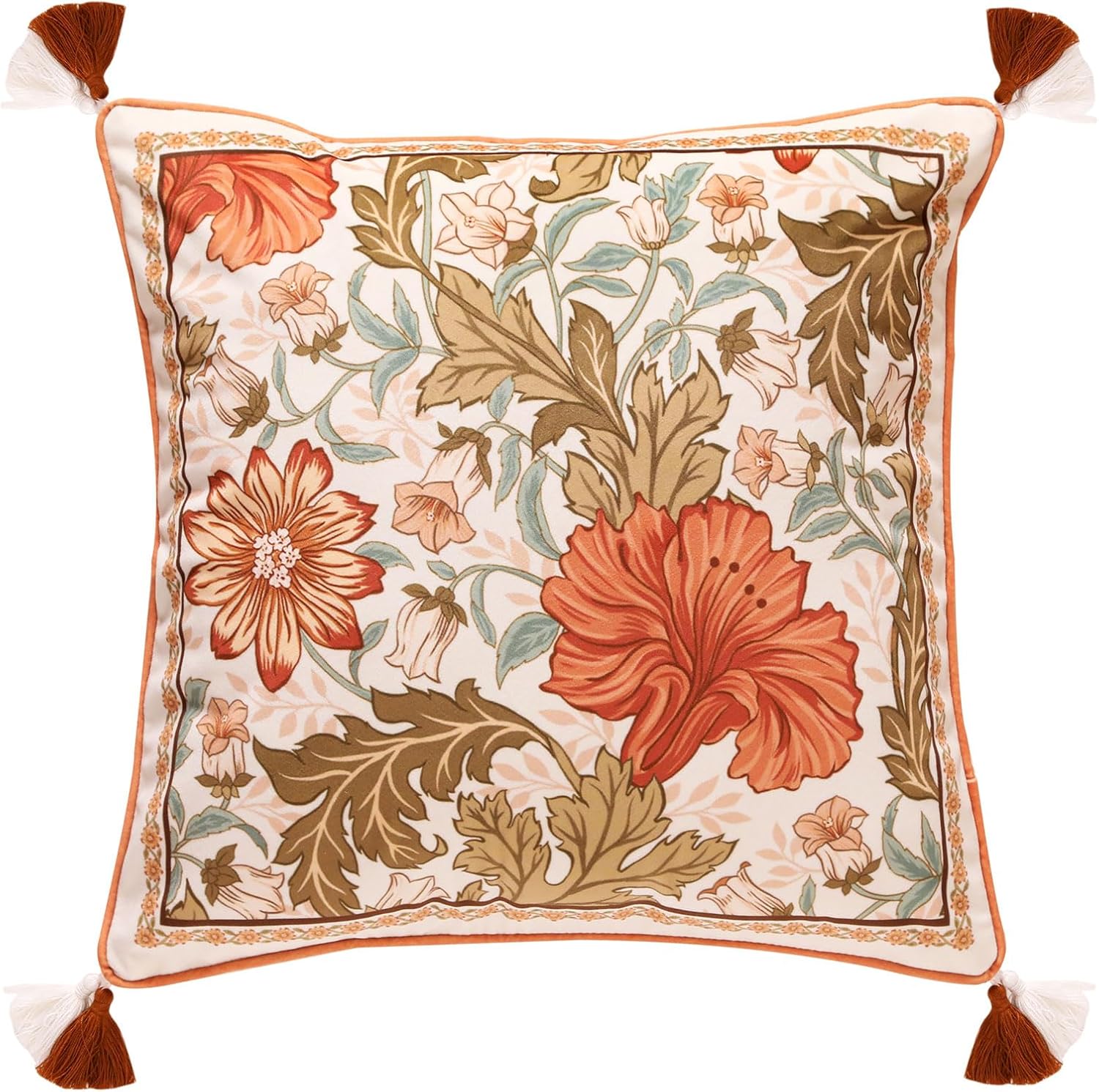 Velvet Square Vintage Throw Pillow Covers,Orange Floral with Wild Flowers Pattern Cozy Pillowcases,Decoration Pillows Cover for Couch Sofa Bed Car Chair Thanksgiving,18"x18"