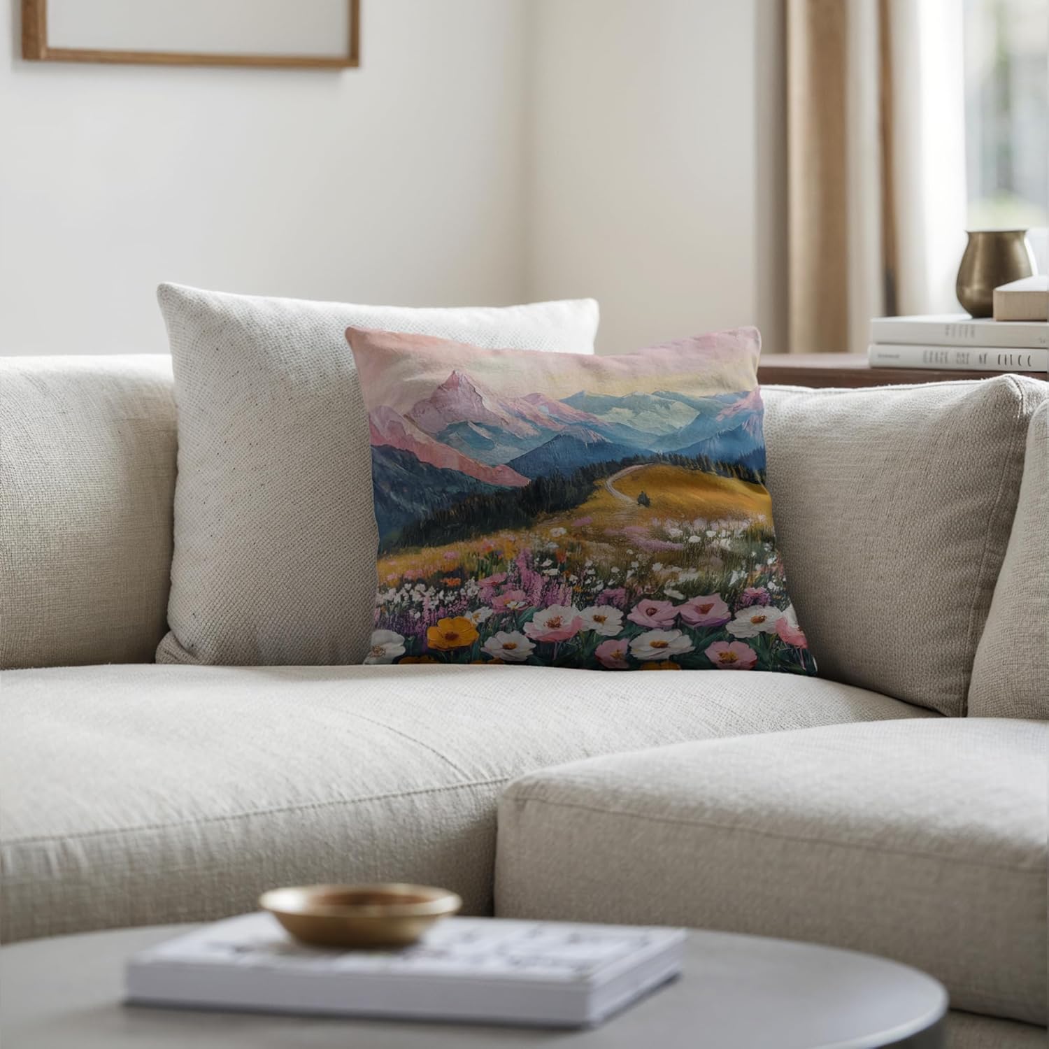 Boho Abstract Wildflower Pillow Covers 18x18，Watercolor Colorful Floral Landscape Scenery, Maximalist Nature Home Decor Throw Pillow Covers for Living Room Bedroom，A236