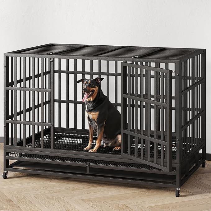 48 Inch Heavy Duty Indestructible Dog Crate Steel Escape Proof, Indoor Double Door High Anxiety Cage, Kennel with Wheels, Removable Tray, Extra Large XL XXL