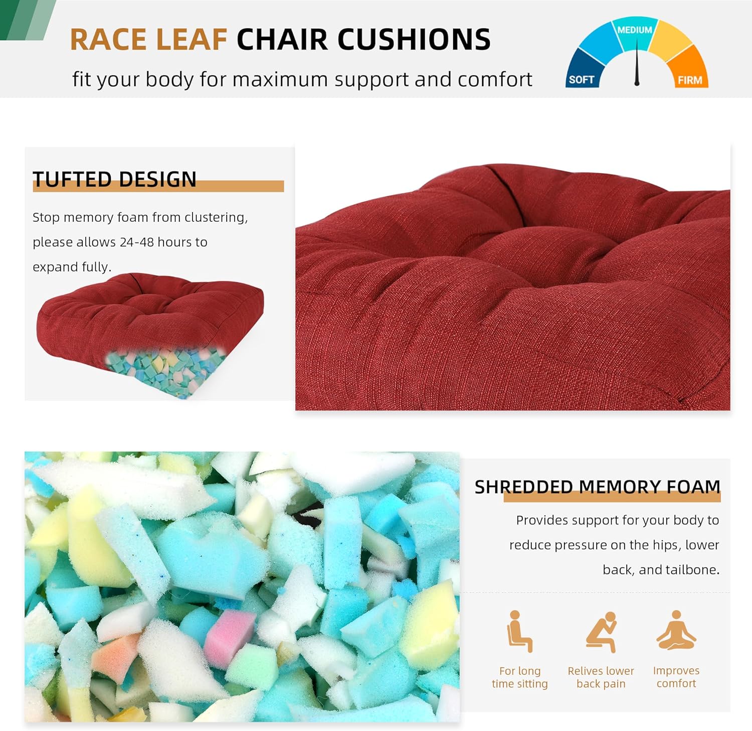 RACE LEAF 17" x 17" Patio Chair Cushions Red - Outdoor/Indoor Tufted Memory Foam Chair Pads Set of 2, Water-Resistant Olefin Chair Seat Cushion Non-Slip Backing