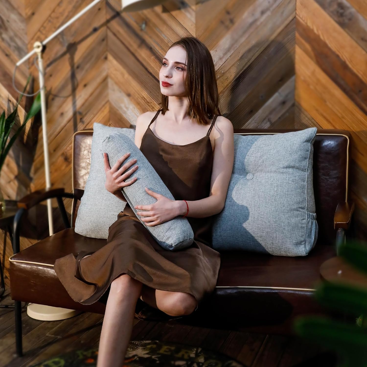 Headboard Pillow Twin XL, Triangular Wedge Backrest with Removable Head Roll & Side Pocket, 100% Linen Reading Pillow for Bed, Couch, Floor - Ergonomic Support for Neck, Back,Grey