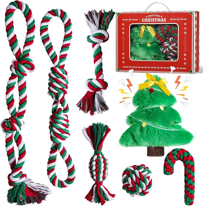 Aitmexcn Christmas Dog Rope Toys Set, 7 Pack Cotton Dog Toys for Large Dogs and Medium Small, Cute Interactive Squeaky Toy, Chewing Puppy Gaming Toy for Teeth Cleaning
