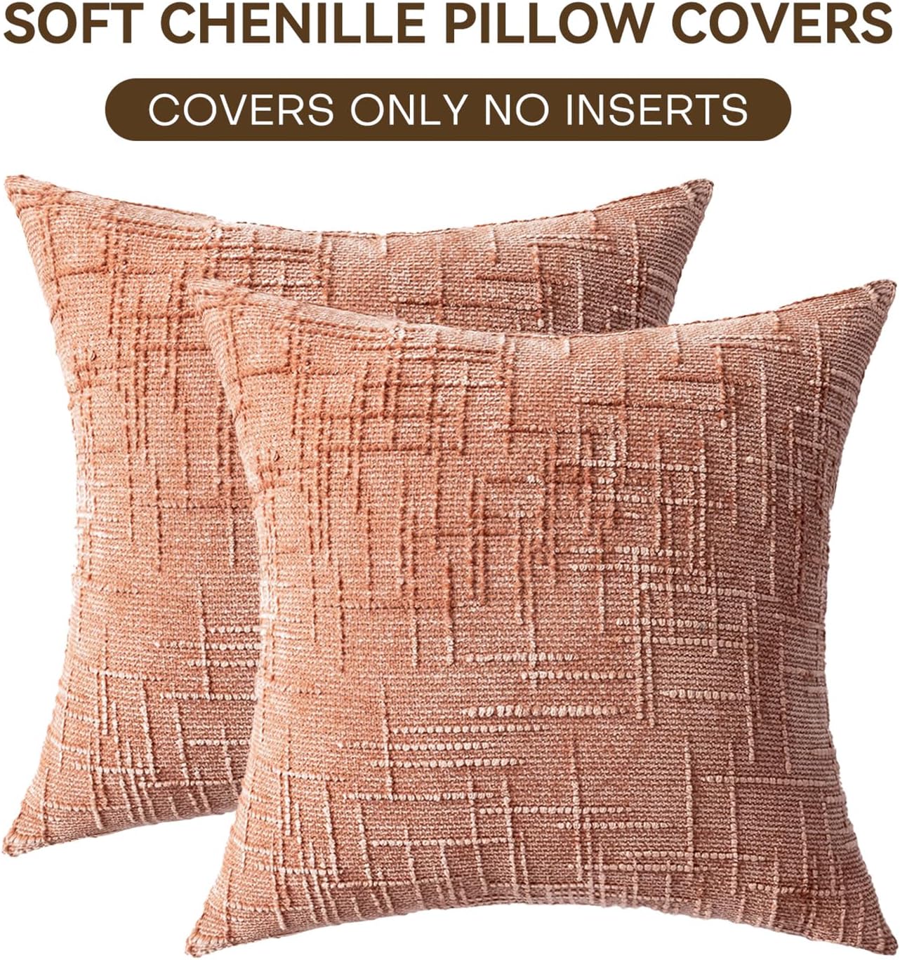 Decorative Throw Pillow Covers 16x16 Inch Set of 2, Soft Solid Farmhouse Chenille Couch Pillows, Spring Pillow Covers for Couch Sofa Bed Living Room Home Decor Pillowcase, Coral