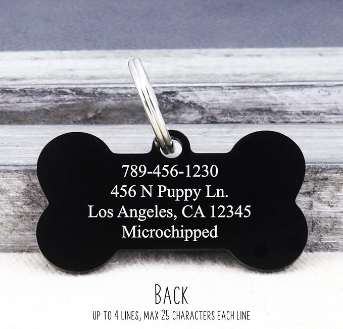 UltraJoys Stainless Steel Pet ID Tag Dog Name Tags Personalized Front and Back Engraving,Customized Dog Tags and Cat Tags,Optional Engraved on Both Sides,Bone Tag with Floral Design,Small,Black