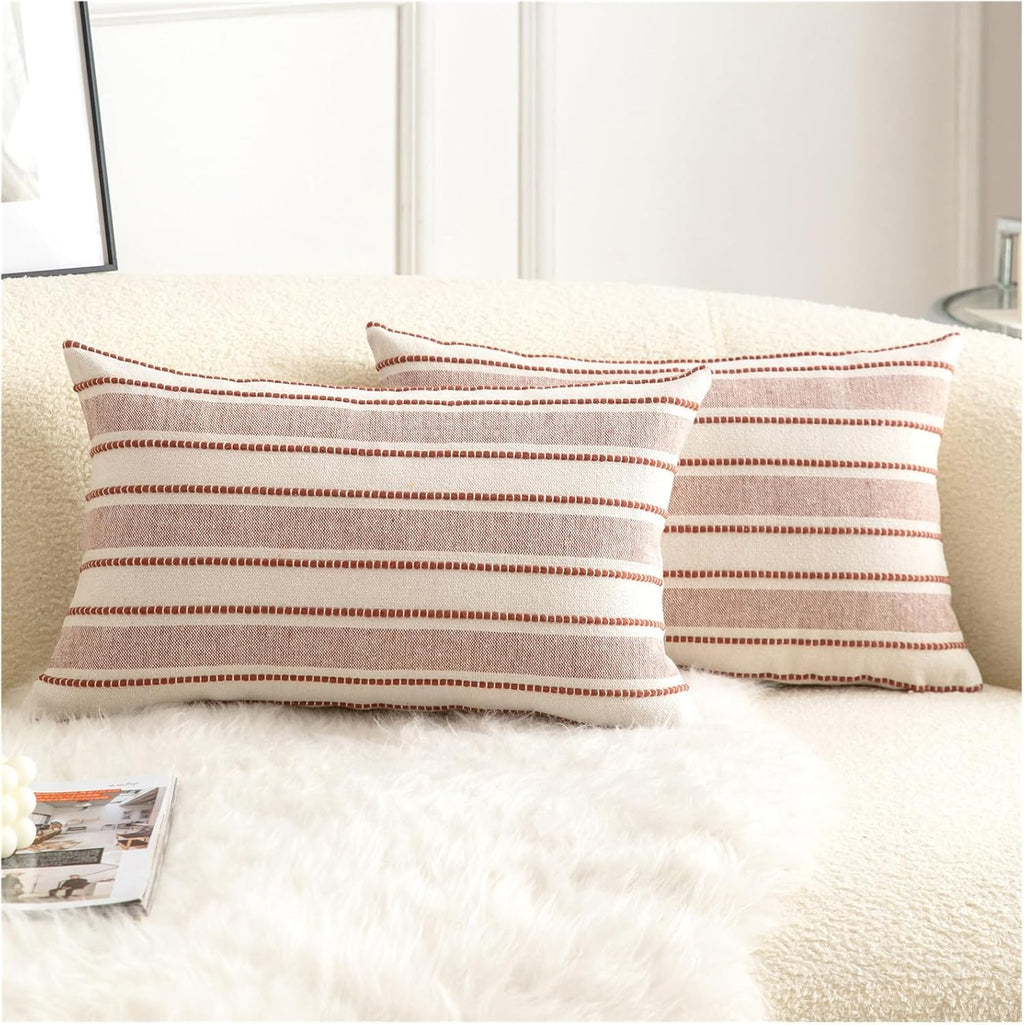 Decorative Boho Lumbar Throw Pillow Covers, Farmhouse Textured Pillow Case, 12 x 20 Inch Set of 2, Chair Sofa Bedroom Living Room Home Decor Couch Cushion Case, Rust and Beige Striped