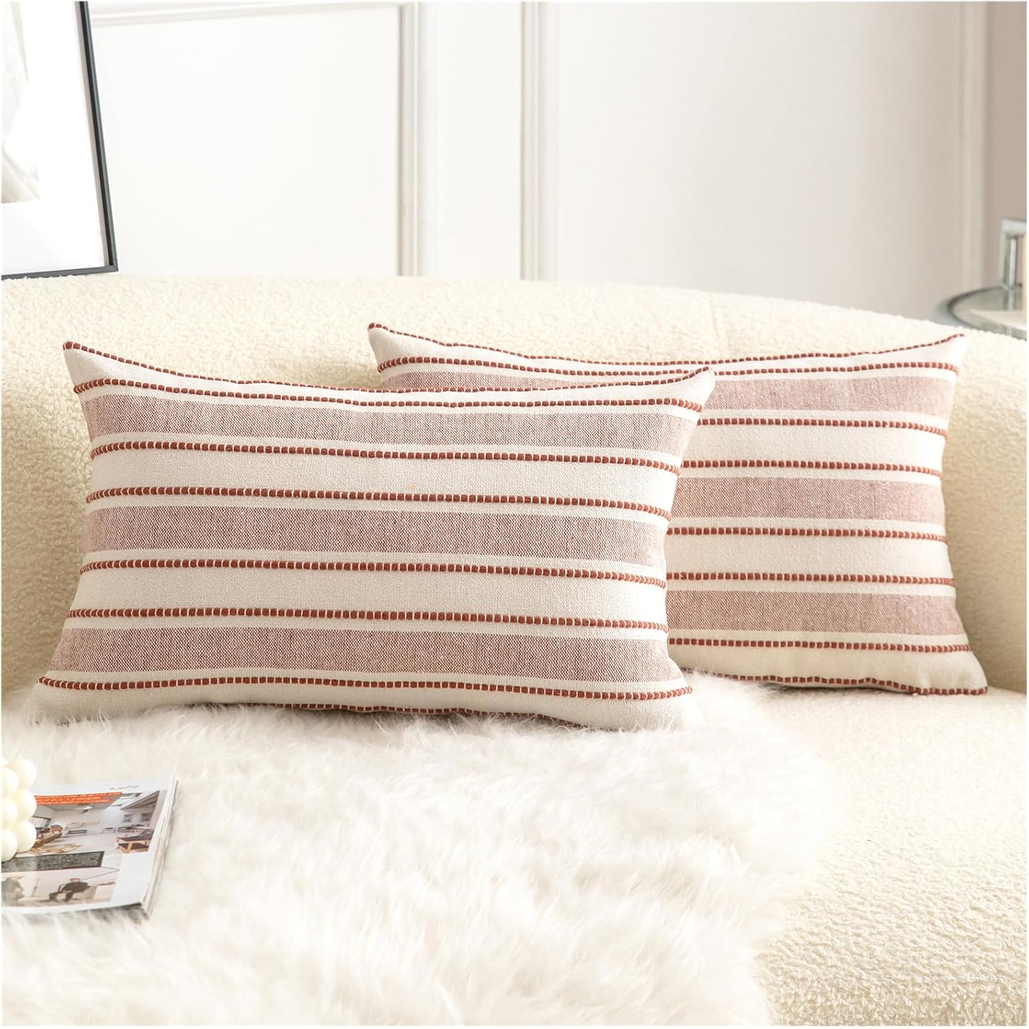 Decorative Boho Lumbar Throw Pillow Covers, Farmhouse Textured Pillow Case, 12 x 20 Inch Set of 2, Chair Sofa Bedroom Living Room Home Decor Couch Cushion Case, Rust and Beige Striped