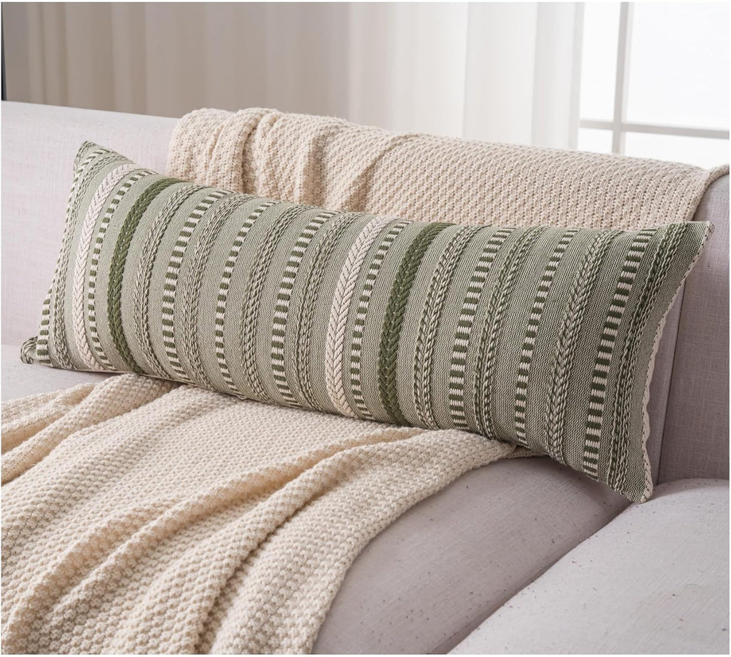 Boho Lumbar Pillow Covers 14x36 Long, Farmhouse Decorative Couch Pillow Cases, Green Accent Pillows of Bed, Sofa Bedroom Living Room Home Decor Cushion Cover, Pack of 1