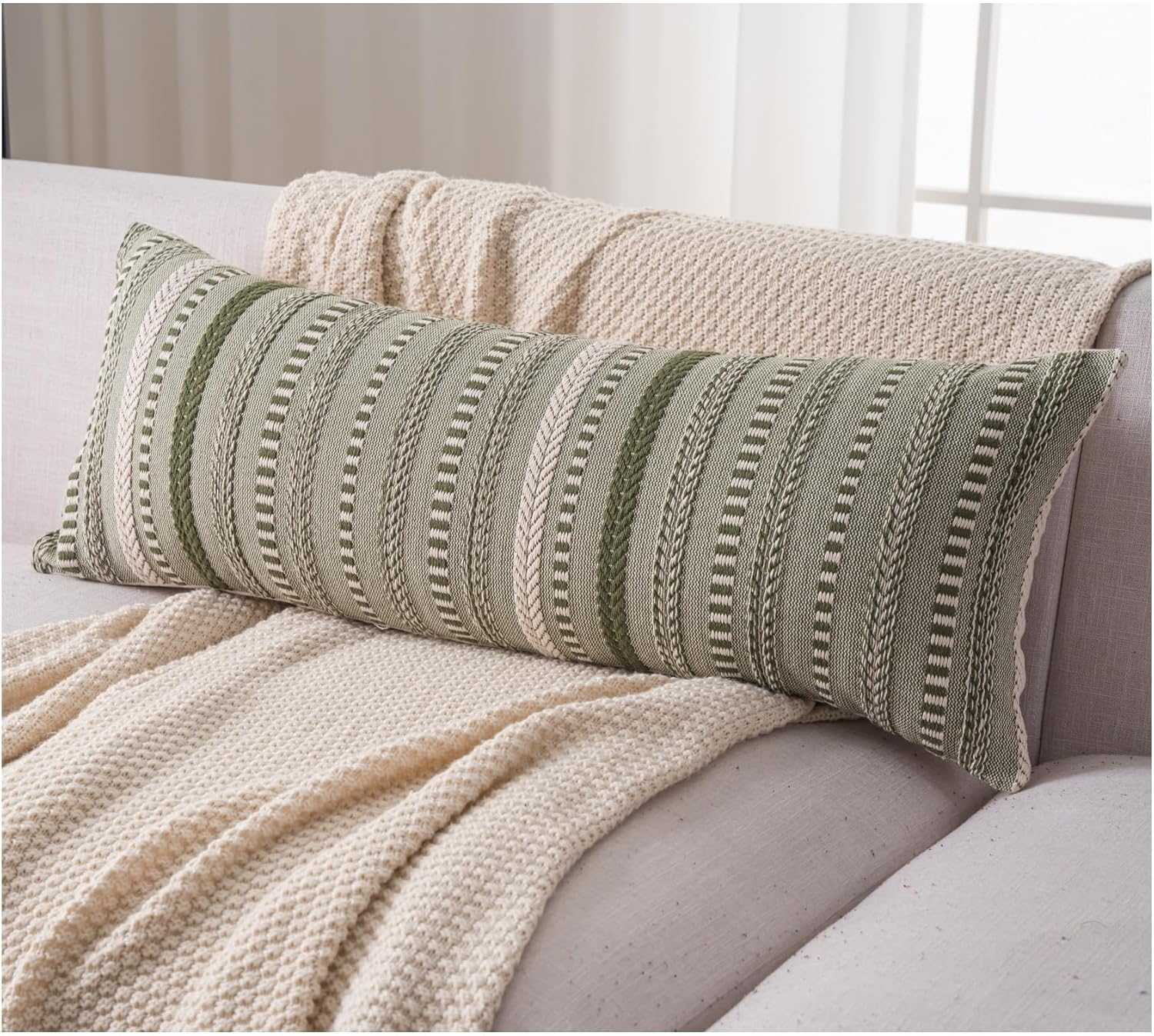 Boho Lumbar Pillow Covers 14x36 Long, Farmhouse Decorative Couch Pillow Cases, Green Accent Pillows of Bed, Sofa Bedroom Living Room Home Decor Cushion Cover, Pack of 1