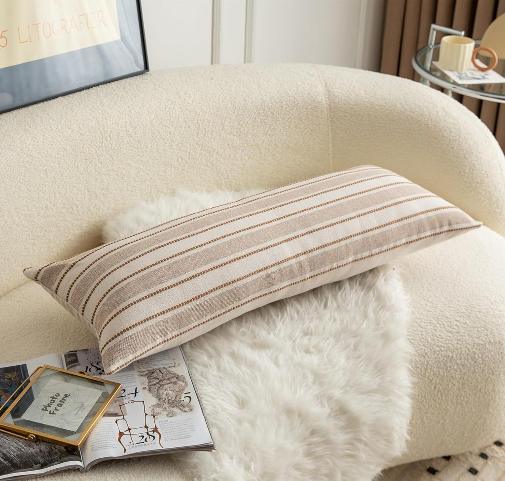 Decorative Boho Lumbar Pillow Covers, Modern Farmhouse Couch Pillowcase, 14 x 36 Long Accent Body Throw Pillow Covers, Sofa Bed Living Room Decor Cushion Case, Brown and Beige, Pack of 1