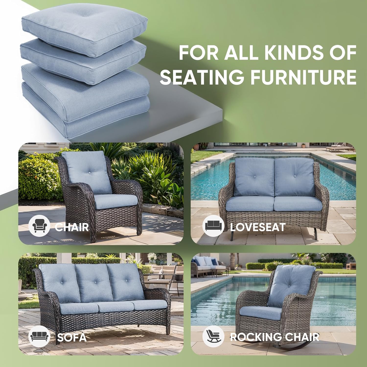 Outdoor Chair Cushion Set of 2, Waterproof Outdoor Seat Cushions 25x22 , Patio Chair Cushions for Outdoor Furniture, Couch Cushion Replacement, Include 2 Back & 2 Seat Cushions, Button/BabyBlue