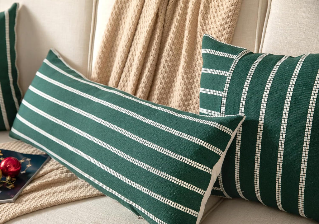 Boho Lumbar Throw Pillow Cover 14X36 Long Soft Farmhouse Decorative Couch Pillow Cases Dark Green Striped Body Pillow Covers Neutral Cushion Covers for Sofa Bed Living Room Home Decor Pack of 1