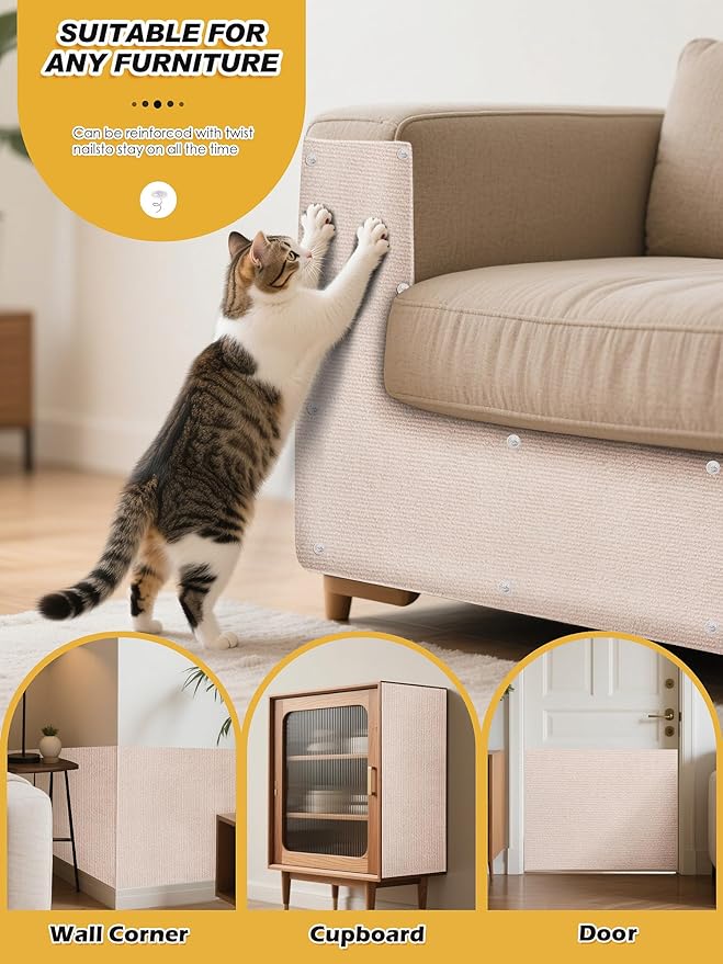 78.7"x15.8" Cat Scratch Mat, Trimmable Self-Adhesive Carpet, DIY Climb Cat Scratcher for Furniture Couch or Wall Protector, Covering Cat Scratching Post Replacement Pads (Beige)