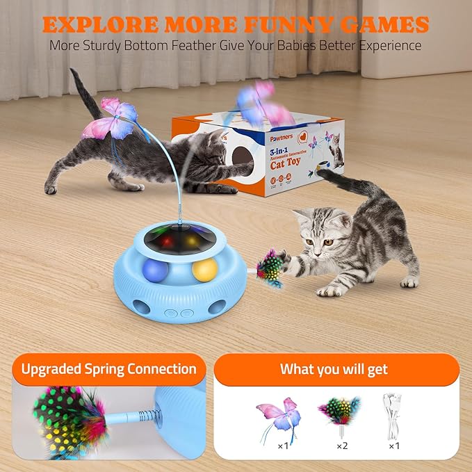 Interactive Cat Toy 3 in 1 Automatic Cat Toy for Indoor Cats, Electric Kitten Toy with Rechargeable Battery, Self Play Kitty Toys with Rotating Fluttering Butterfly,Track Ball and Ambush Feather,Blue