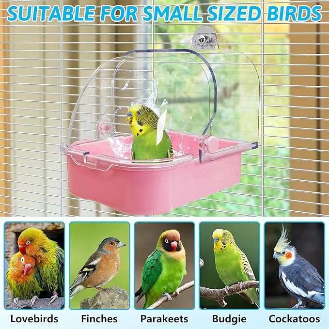 Tfwadmx Bird Cage Bath Hanging Parrot Bath Tub Water Shower Food Feeder Holder Tray Bird Bath Supplies for Small Birds Canary Budgies Cockatiel Lovebirds (Pink)