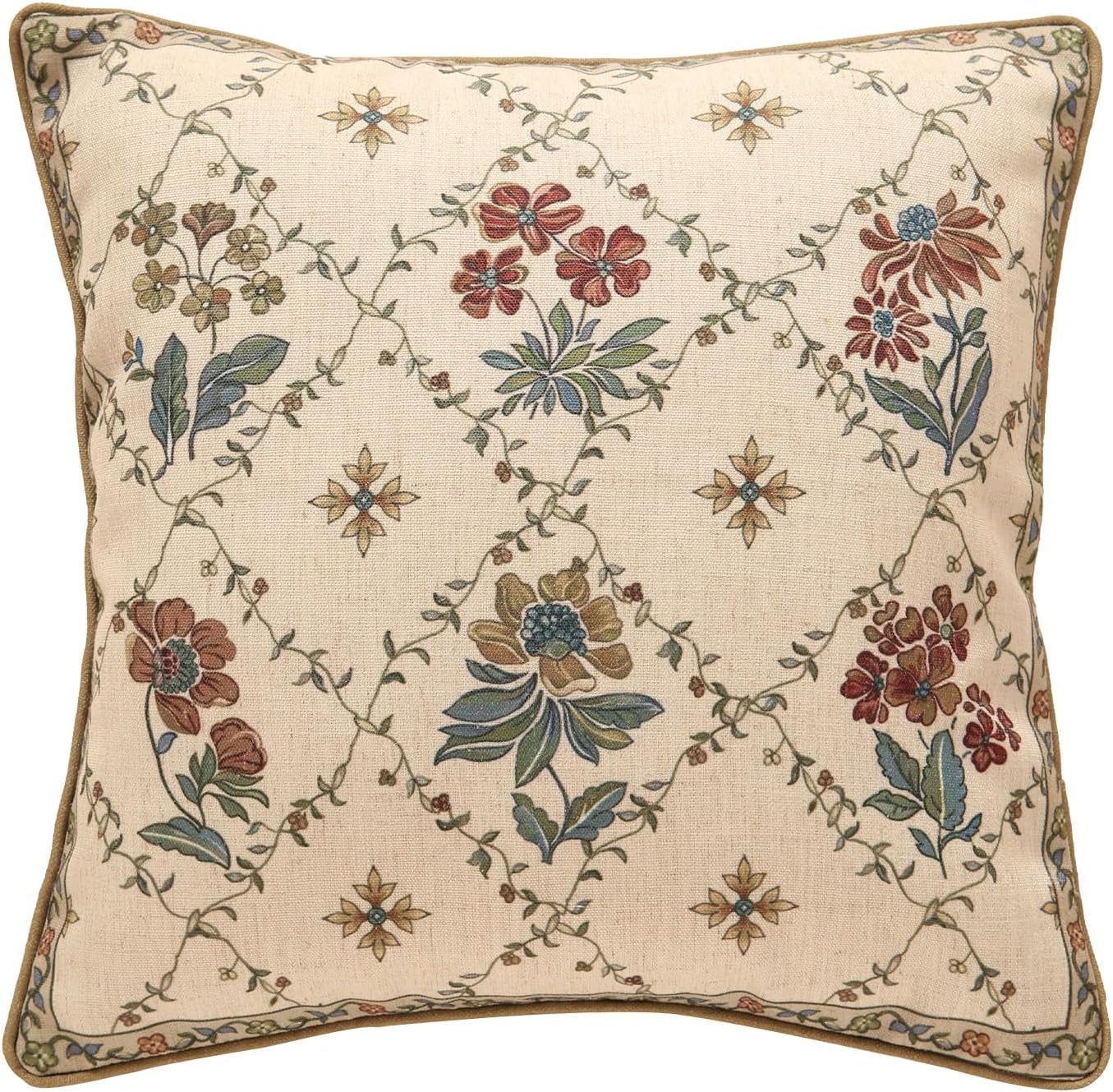 patdrea Designer Throw Pillow Covers,Square Euro Retro Style Light Brown Linen with Floral Pattern Pillow Cover,Decorative Pillowcases Cushion for Bed Living Room Outdoor Car,18"x18"