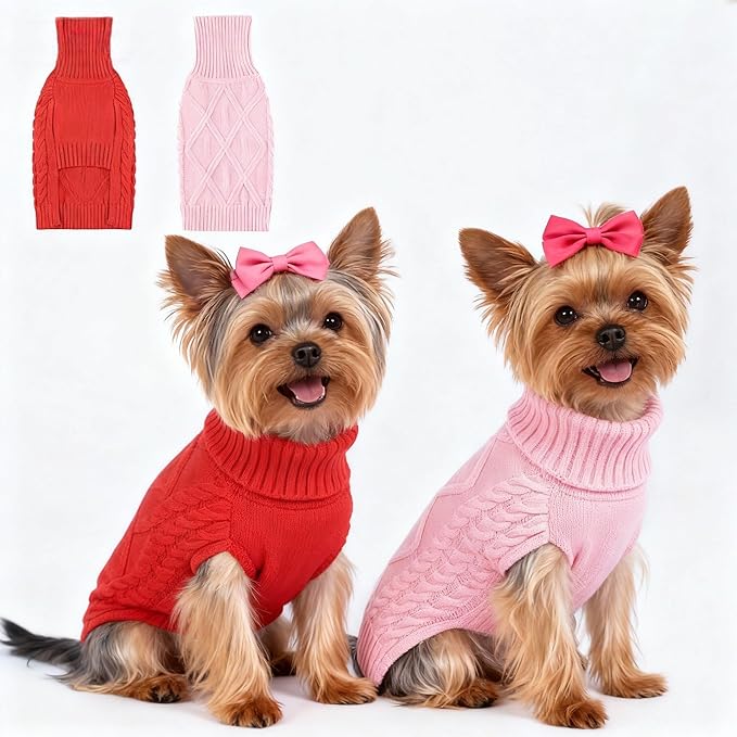 2 Pack Small/Medium Dog Sweater, Warm Comfy Stretch Dog Winter Coat w/Sleeves & High Neck, Premium Dog Clothes for Mini Poodle-Best for Holidays, Daily Walks S Red Pink