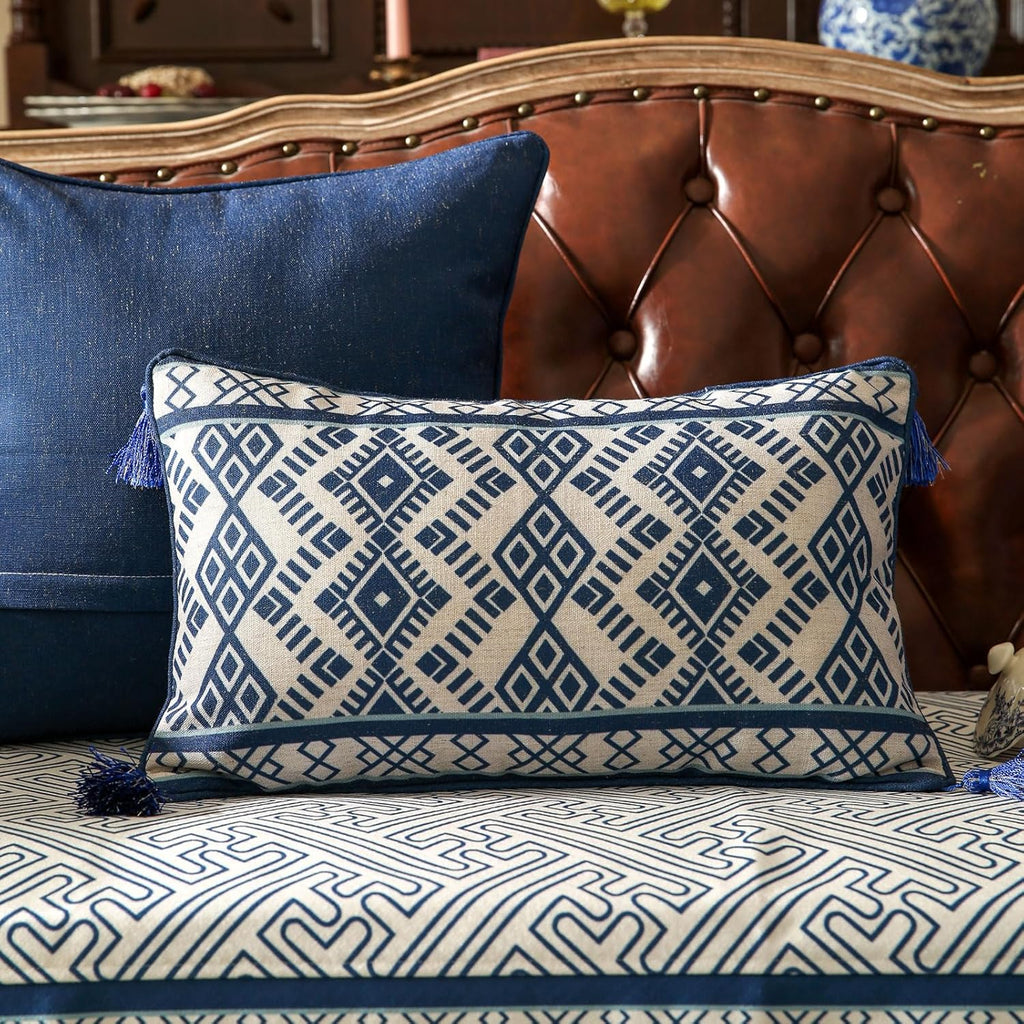 Chinoiserie Throw Pillow Covers,Classic Chinoiserie Blue and White with Striped Pattern Linen Pillowcases,Decorative Lumbar Cushion Covers for Couch Bed Car,12x20 Inches