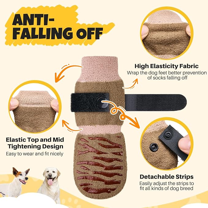 SlowTon Dog Socks with Double-Sided Grippers - 4PCS Dogs Grip Socks for Hot & Cold Pavement or Hard Floors, Non-Slip Paw Traction Protectors for Senior Small Medium Large Dogs(Brown, XL)