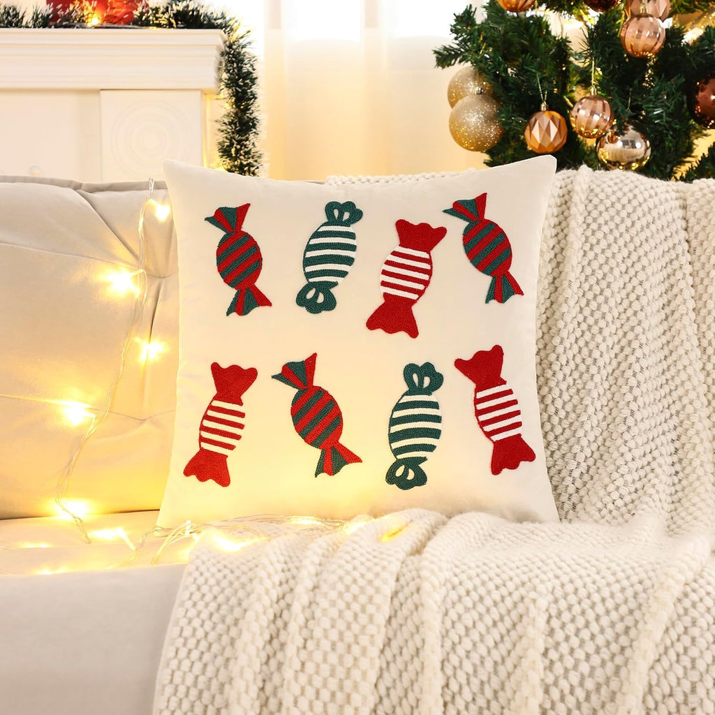 LUOYEHK Christmas Pillow Covers 18x18 Set of 2 Candy Decorative Beige Pillow Cases Winter Holiday Velvet Embroidered Cushion Covers for Couch Sofa Bed