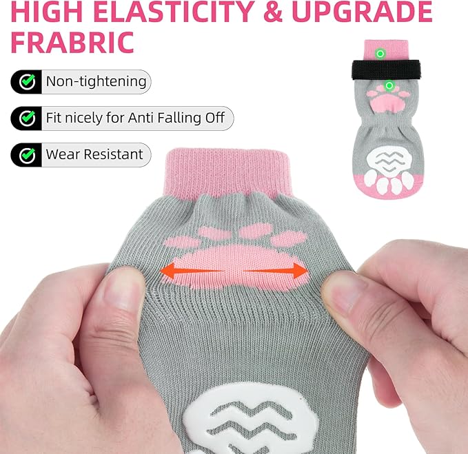 PUPTECK Anti Slip Dog Socks 2 Pairs with Double Grippers for Hardwood Floors, Shoes for Hot/Cold Pavement, Boots & Paws Protectors to Prevent Licking, Traction Booties for Senior Small Large Dogs