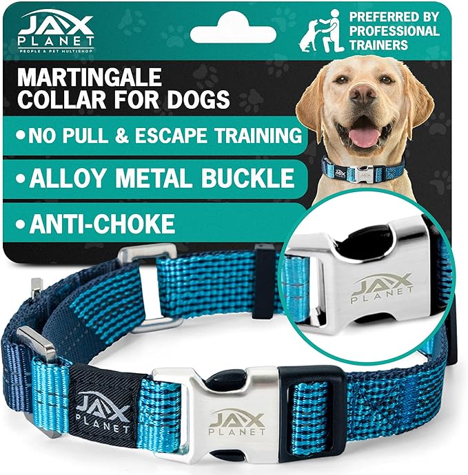 Blue Martingale Collar for Dogs - Heavy Duty Nylon Pet Collars for Escape-Free, No Pull Training & Walking with Alloy Metal Release Buckle & Reflective D Ring, One Time Adjustment, Safe & Secure, M