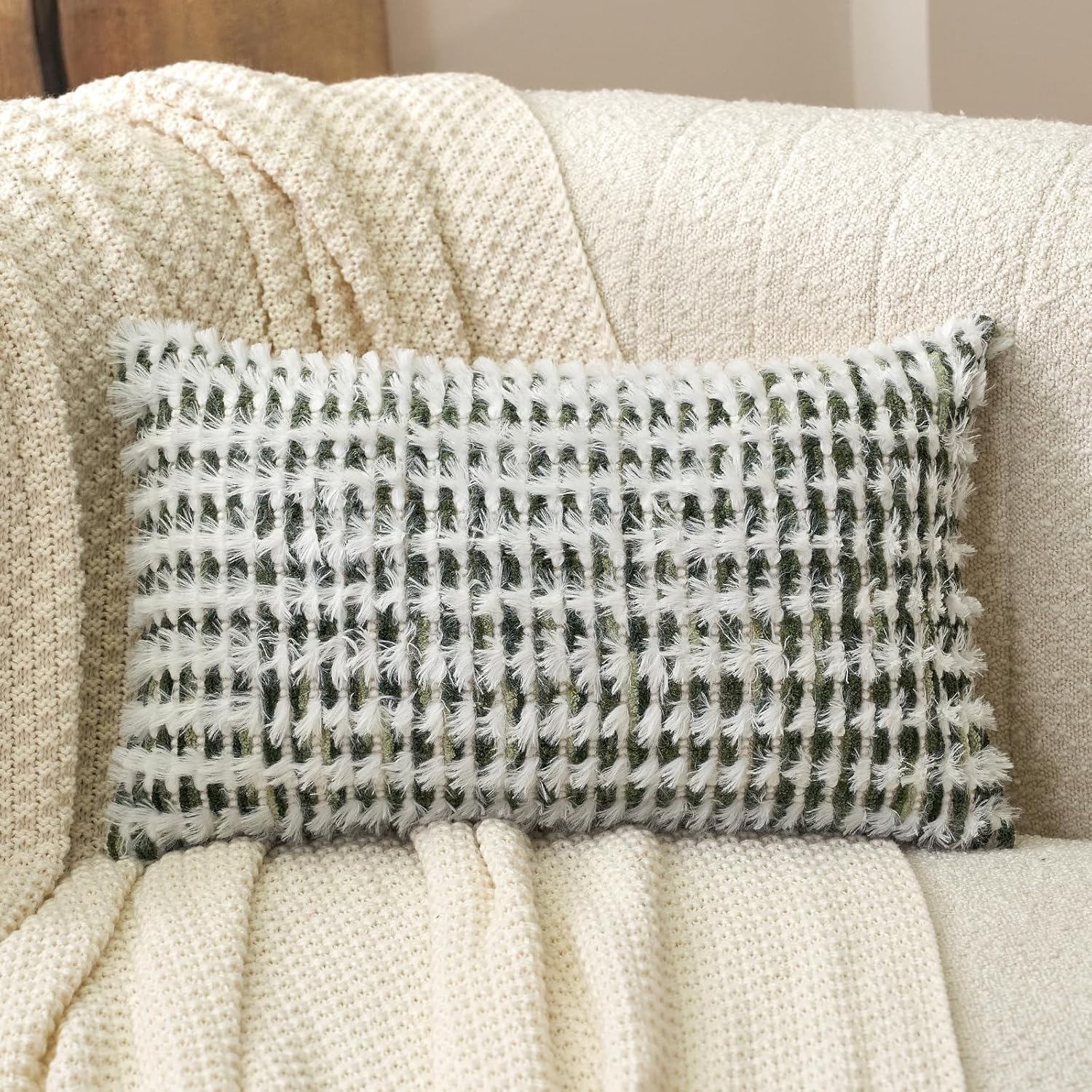 Aeckself Boho Chenille Tufted Pillow Cover 12 x 20 Inch, Rectangle Decorative Lumbar Throw Pillow Cover Neutral Pillowcase for Couch Bedroom Living Room, Green White