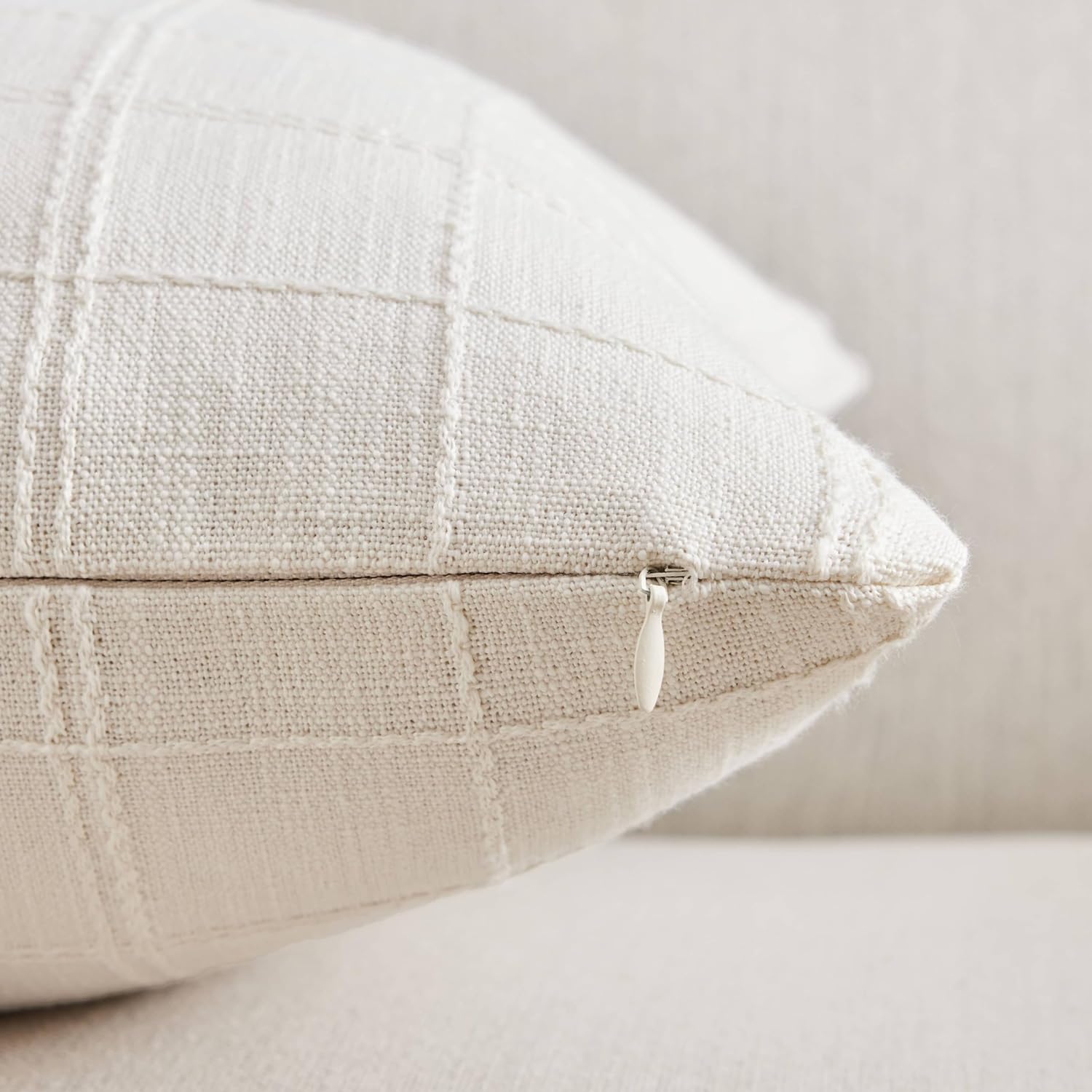 ZeeMart Linen Checked Throw Pillow Covers Set of 2, 18x18 Inch Allover Grid Ivory, Farmhouse Decorative Double Sided Grid Embroidered Couch Pillow Cases Off White Cotton Linen Cushion Covers