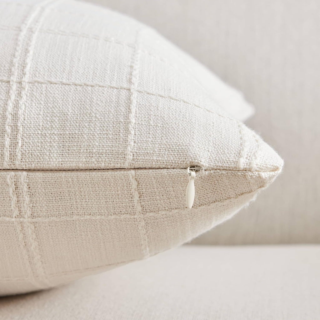 ZeeMart Linen Checked Throw Pillow Covers Set of 2, 24x24 Inch Allover Grid Ivory, Farmhouse Decorative Double Sided Grid Embroidered Couch Pillow Cases Off White Cotton Linen Cushion Covers