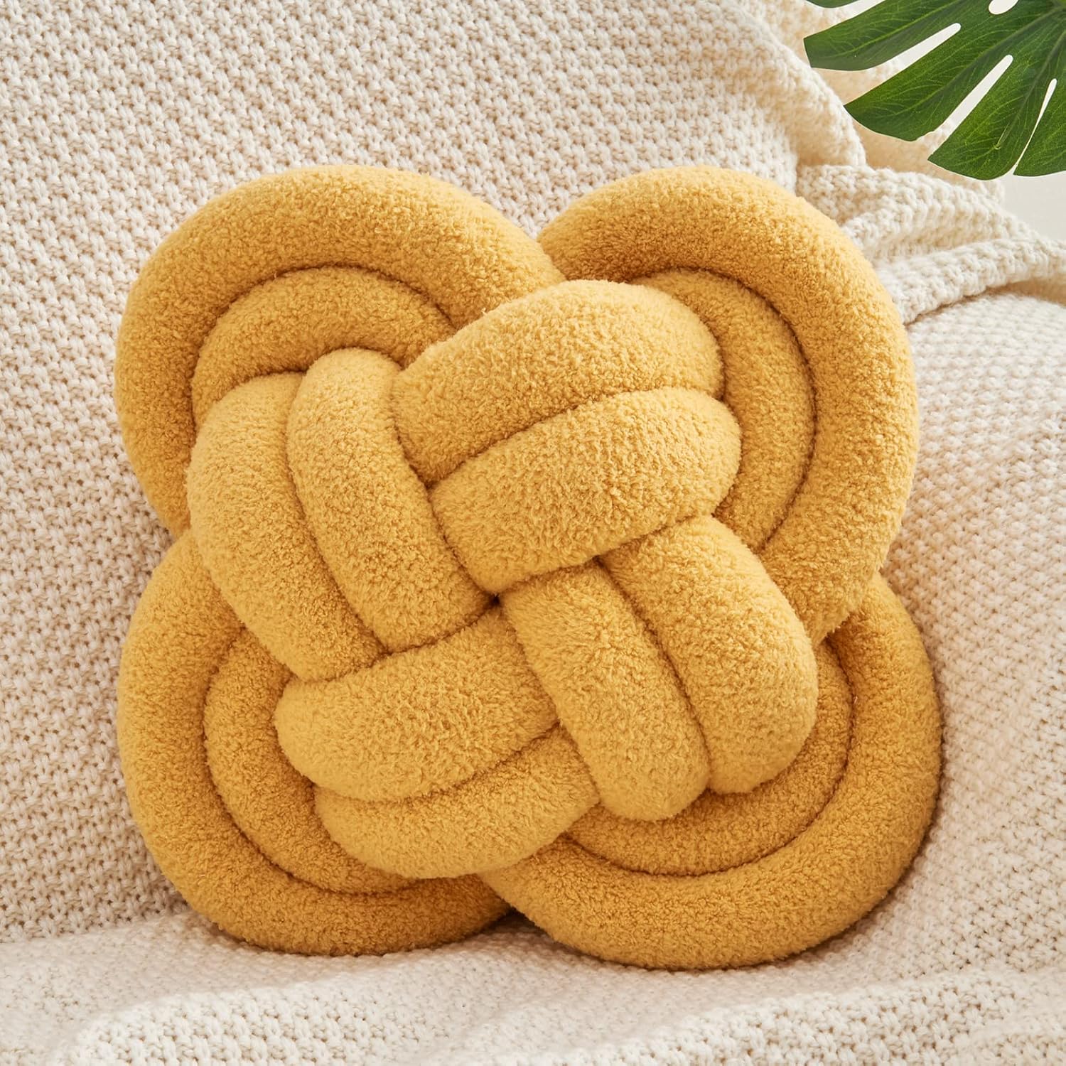 Xiashrk Knot Pillow Ball, 12" Soft Decorative Throw Pillows for Couch Bed, Dark Yellow Knotted Plush Throw Pillow Handmade Square Cushion Home Couch Decor Pillows for Living Room