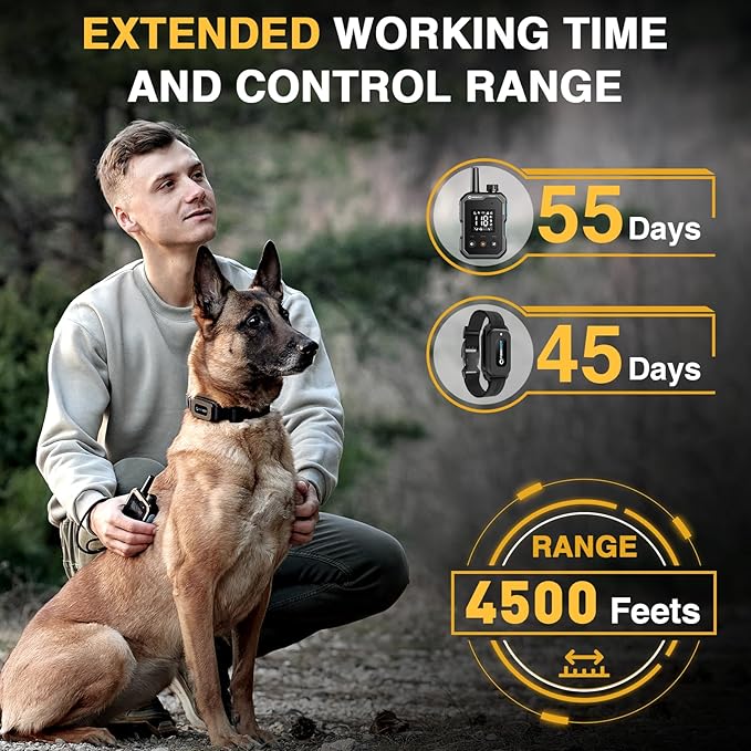 ABBIDOT Dog Shock Collar (5-130 lbs) - 4500 FT Dog Training Collar with Remote, IPX7 Waterproof with 6 Training Modes, Beep, Vibration, Safe Shock, Enhanced Night Light, Rechargeable Electric Collar