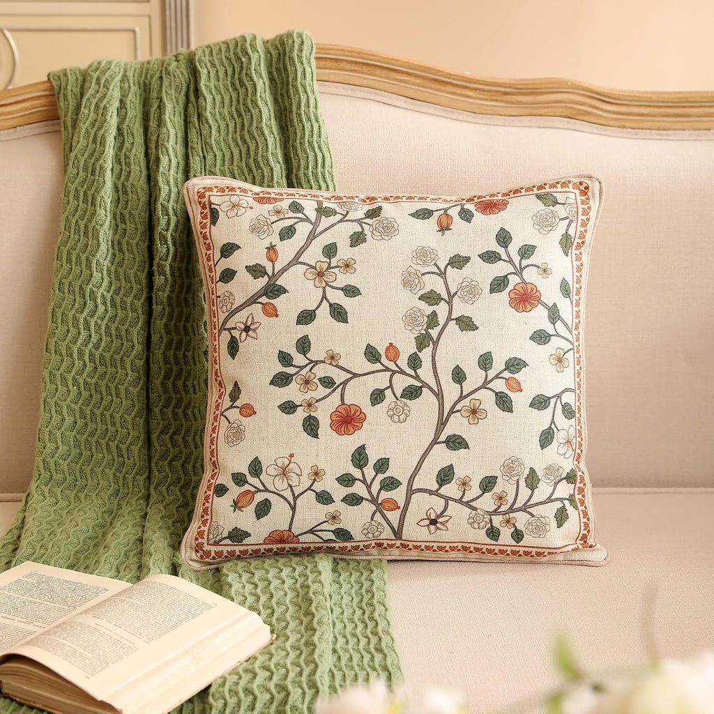 ISAENNE Design Linen Classic Throw Pillow Covers 18"x18", French Farmhouse Square Cushion Covers with Orange White Floral Pattern Decoration Pillowcases for Bed,Living Room,Outdoor,Car