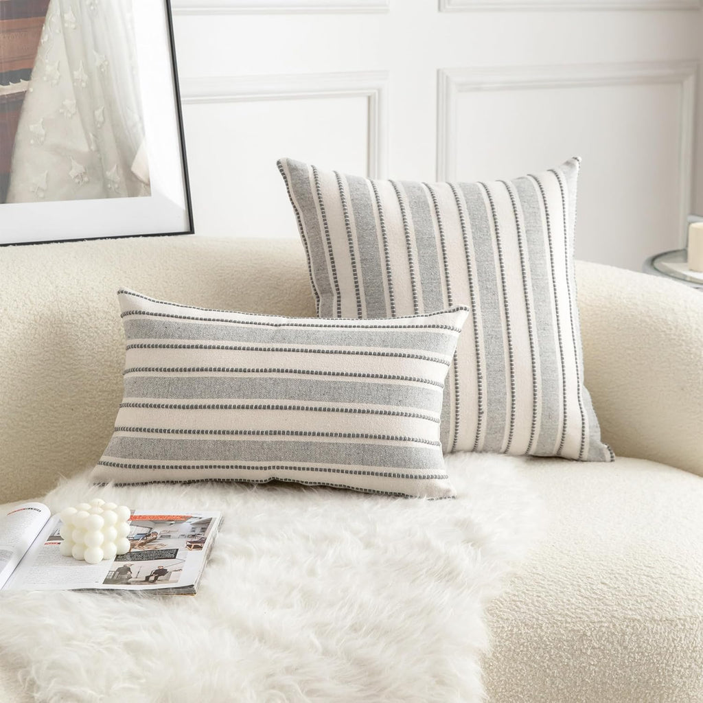 Decorative Boho Lumbar Throw Pillow Covers, Farmhouse Textured Pillow Case, 12 x 20 Inch Set of 2, Chair Sofa Bedroom Living Room Home Decor Couch Cushion Case, Grey and Beige