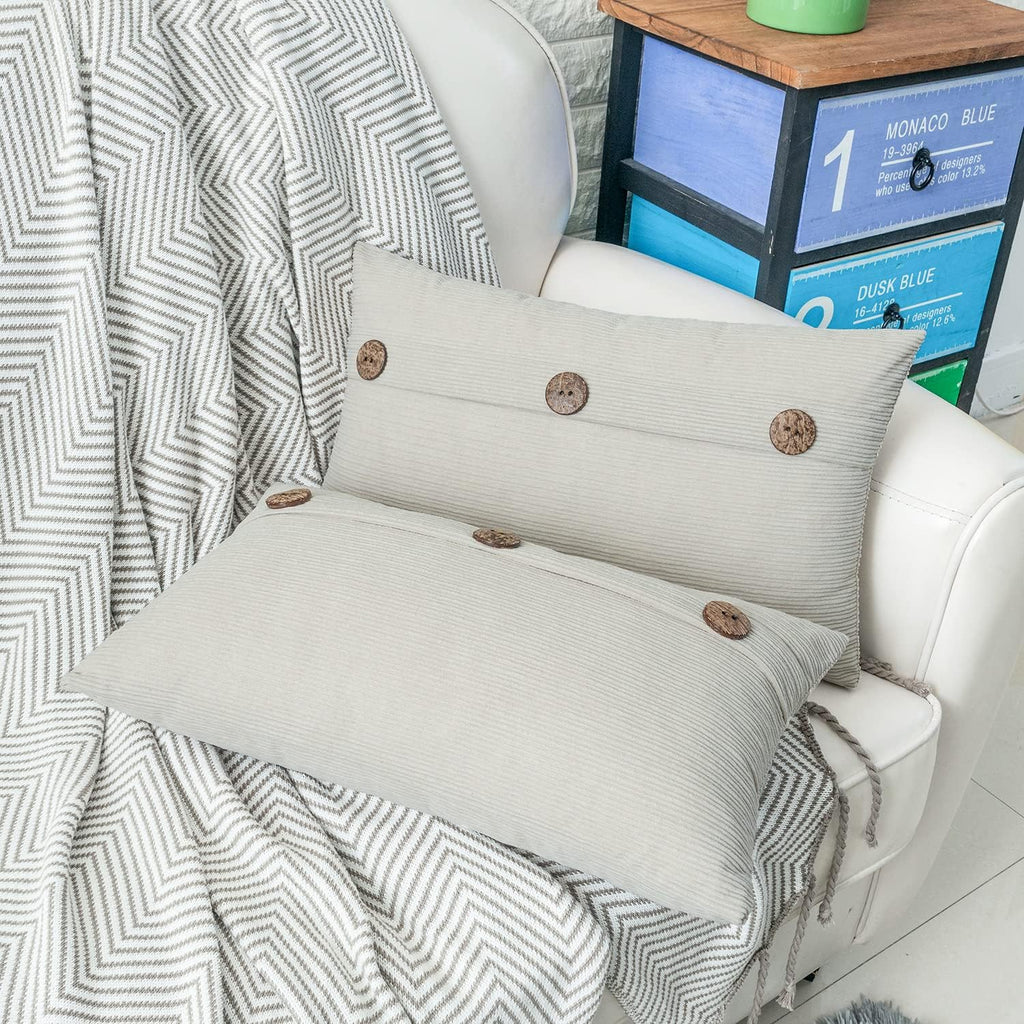 HWY 50 Light Grey Gray Chenille Throw Pillow Covers 12x20 Inch with Triple Buttons, Soft Farmhouse Accent Decorative Cushion Cases for Couch Sofa Living Room Pack of 2 Rectangle