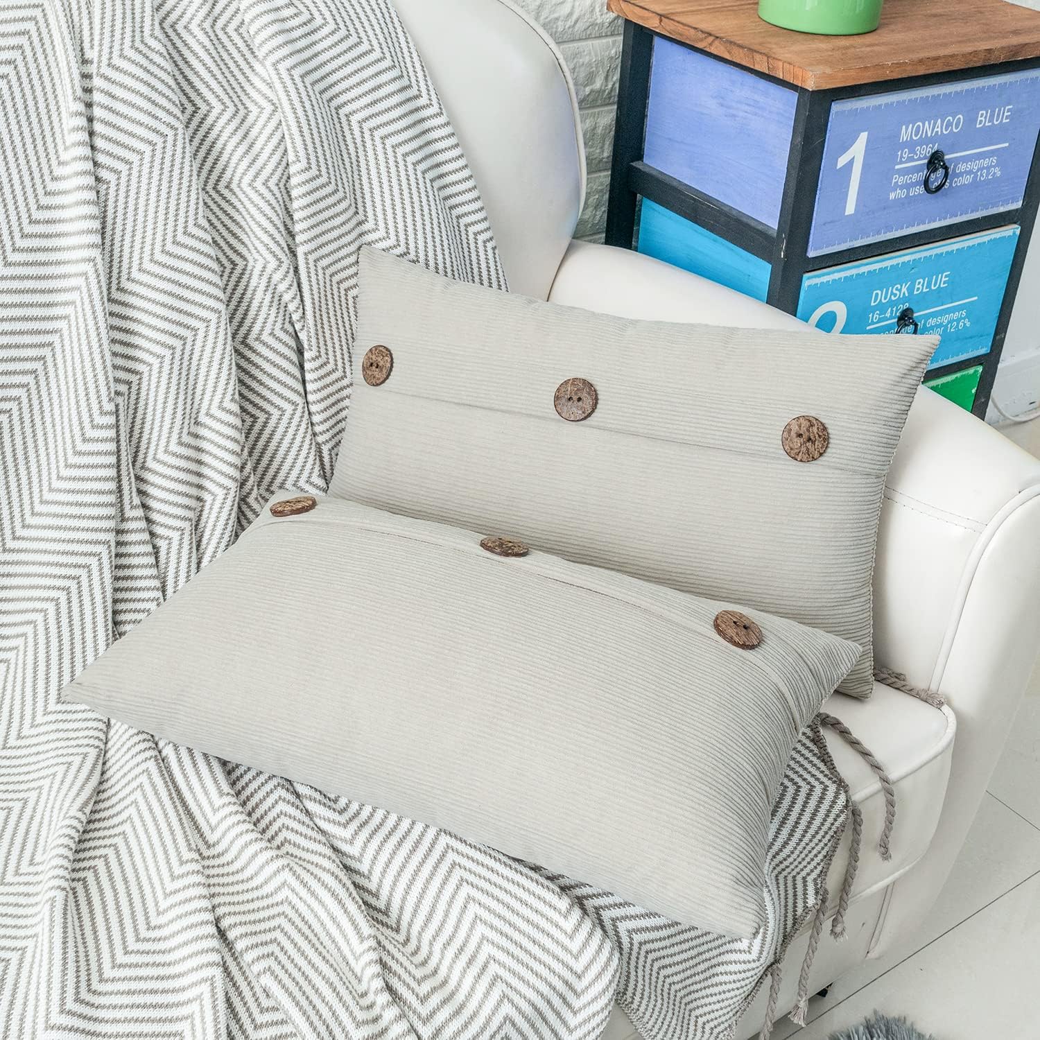 HWY 50 Light Grey Gray Chenille Throw Pillow Covers 12x20 Inch with Triple Buttons, Soft Farmhouse Accent Decorative Cushion Cases for Couch Sofa Living Room Pack of 2 Rectangle