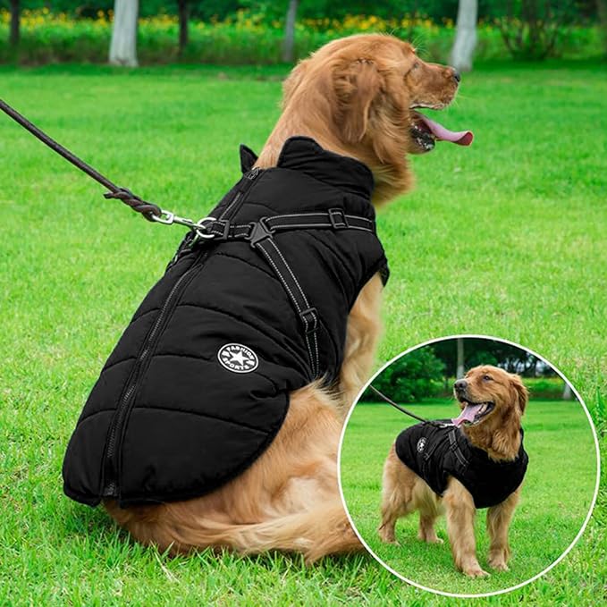 Aiboria Dog Coat for Winter Waterproof Dogs Jackets Windproof Fleece Dog Vest Harness Winter Warm Padded Pet Black 3XL