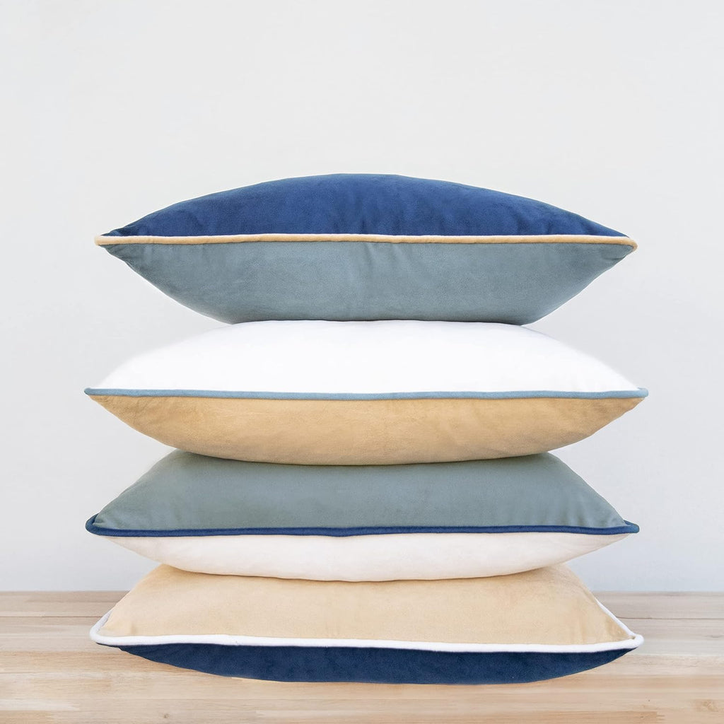 MONDAY MOOSE Decorative Throw Pillow Covers Cushion Cases, Set of 4 Soft Velvet Modern Double-Sided Designs, Mix and Match for Home Decor, Pillow Inserts Not Included (18x18 inch, Blue/Beige)