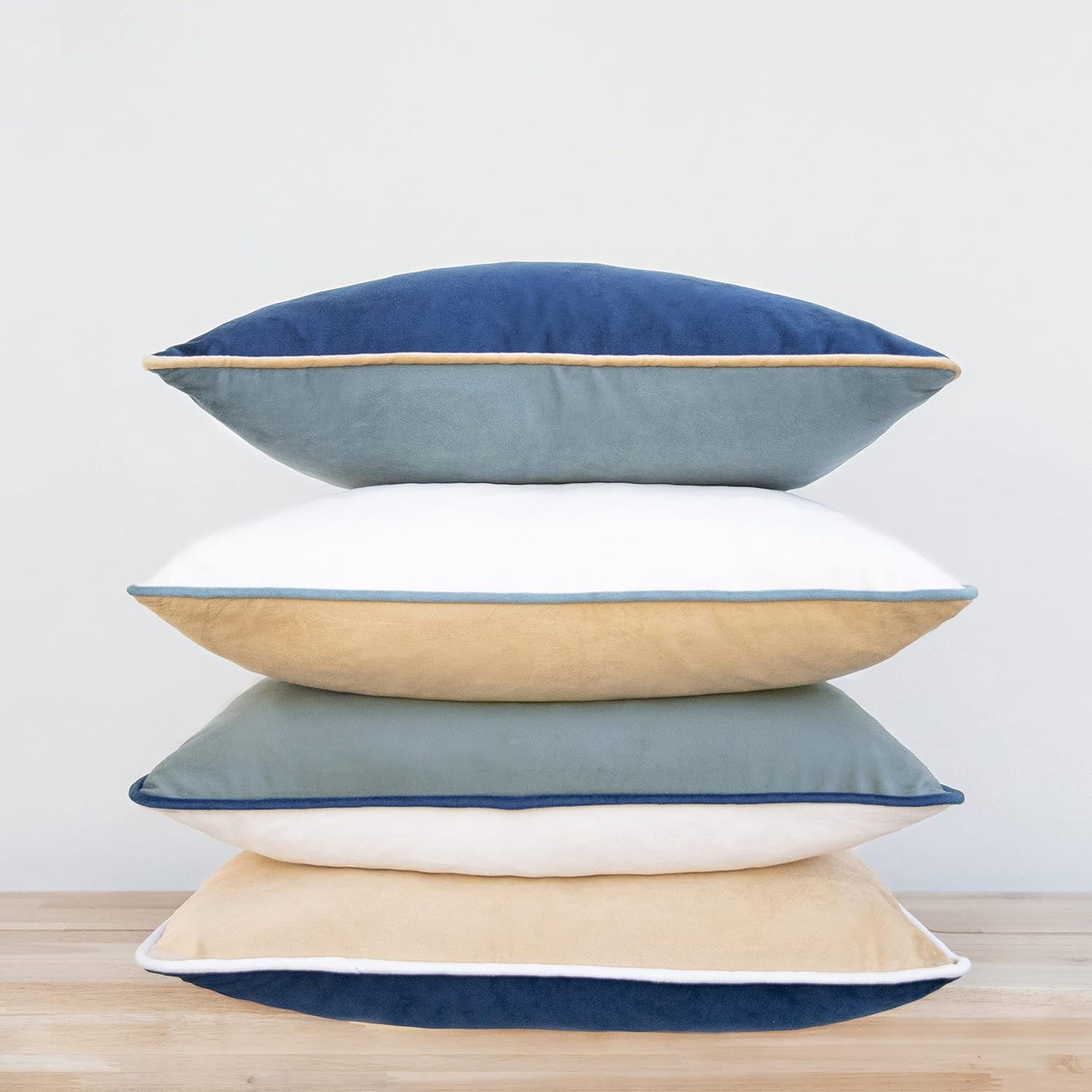 MONDAY MOOSE Decorative Throw Pillow Covers Cushion Cases, Set of 4 Soft Velvet Modern Double-Sided Designs, Mix and Match for Home Decor, Pillow Inserts Not Included (18x18 inch, Blue/Beige)